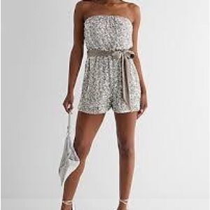 Express Silver Sequin Strapless Tie Waist Romper BNWT – Size XS